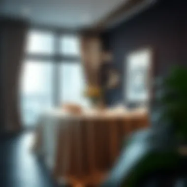 Stylish modern living space featuring a beautifully draped tablecloth