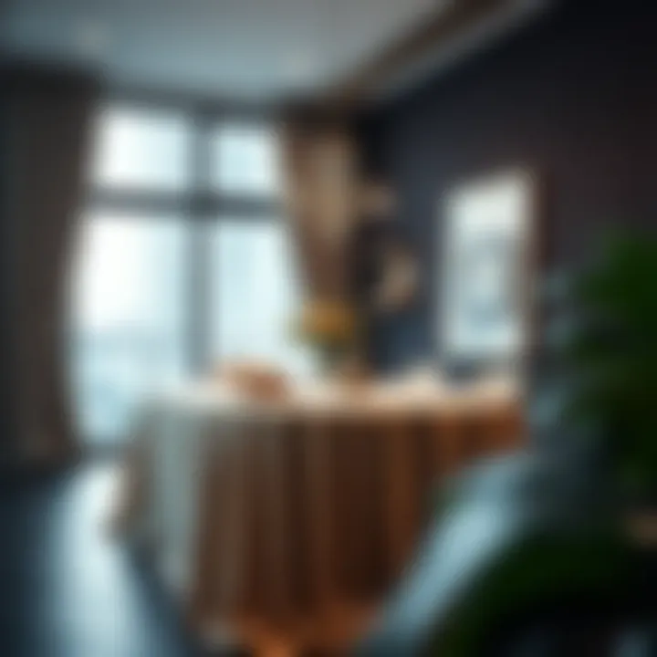 Stylish modern living space featuring a beautifully draped tablecloth