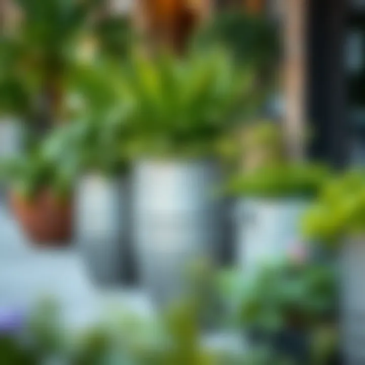 Metal planters with lush greenery in an urban setting