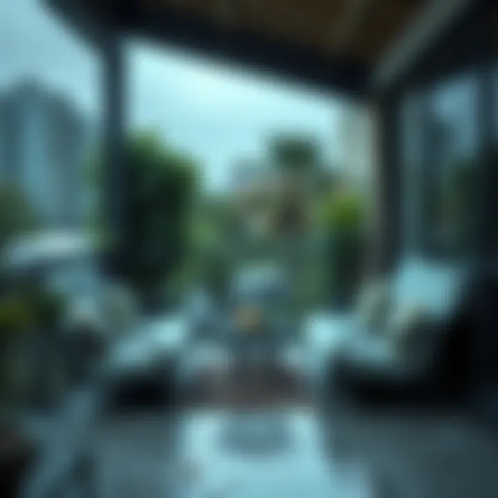 A balcony during a rainstorm with covered furniture