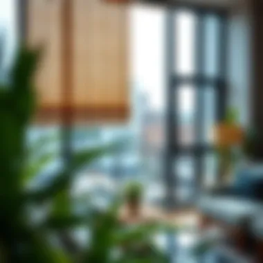 Natural Materials in Urban Living A close-up of bamboo roller shades blending with contemporary decor in a city setting
