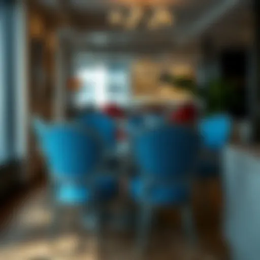 Elegant blue patterned dining chairs in a modern urban setting