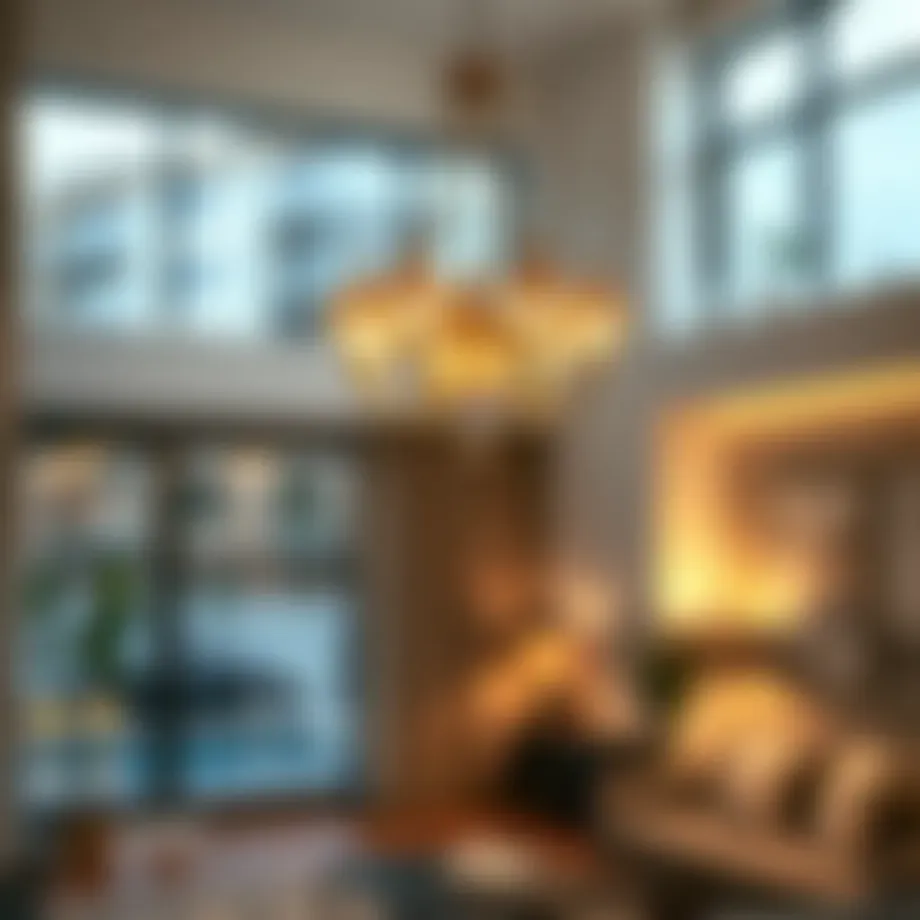 Elegant chandelier illuminating a modern urban living room