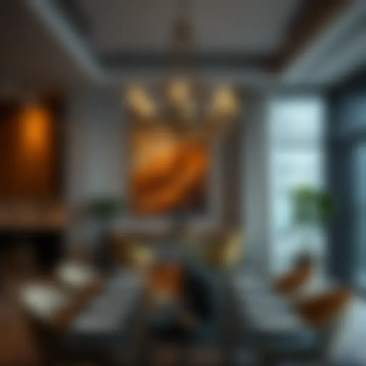 Stylish urban dining area featuring a statement chandelier