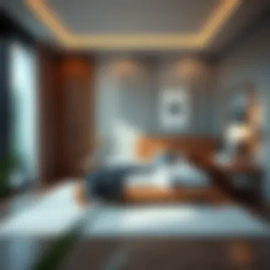 Illustration of a modern bedroom showcasing a bed supported by birch slats