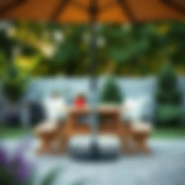 A sturdy picnic table umbrella base in a garden setting