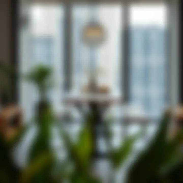 Chic Urban Dining Experience Contemporary dining space showcasing a tall table and bench