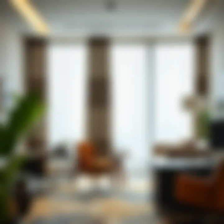 Contemporary office space featuring gold grommet curtains for sophistication