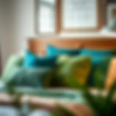 Cozy Bedroom with Teal and Green Pillows A cozy arrangement of teal and green pillows on a bed