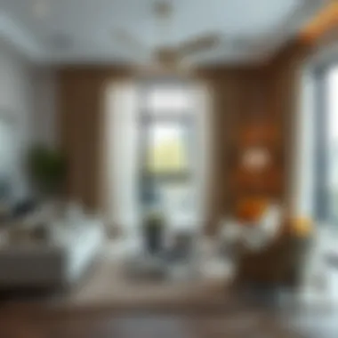 Luxurious living room adorned with curtains featuring gold grommets