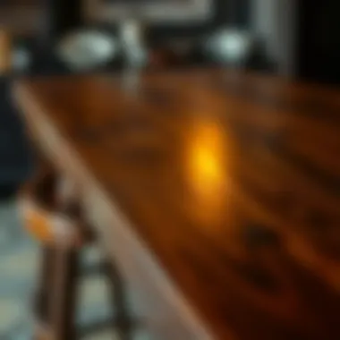 Close-up of the intricate design details on a dark wood pub table