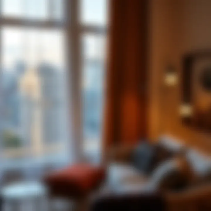 Energy Efficiency with a View An outdoor view of a cityscape through elegant lightweight drapes, emphasizing energy efficiency