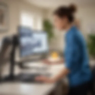 Employee engaging with a stand-up desk while working