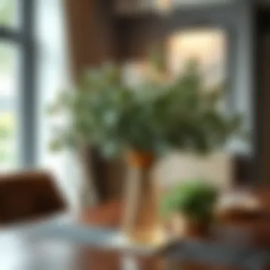 Elegant Eucalyptus Centerpiece on Dining Table Close-up of a stylish vase filled with artificial eucalyptus leaves on a dining table