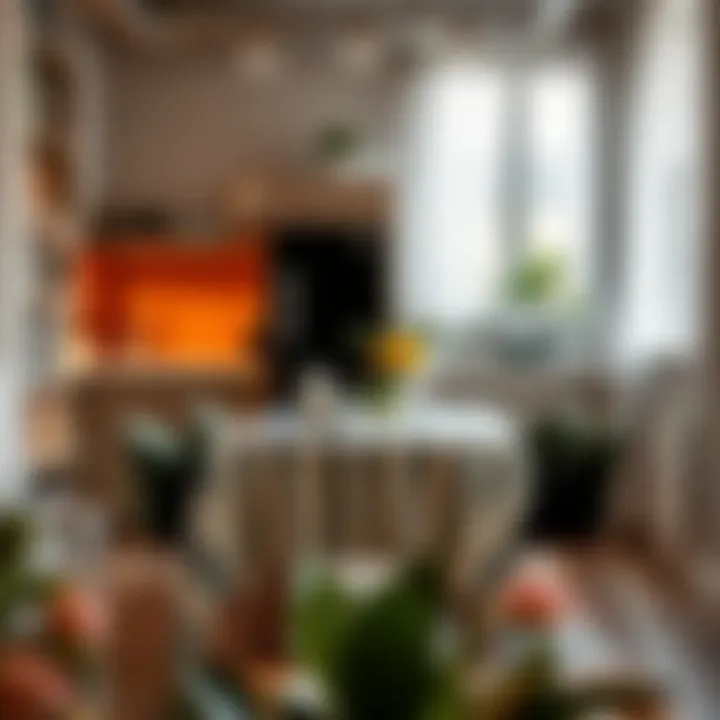 A chic urban apartment showcasing a stylish kitchen with a plastic spring tablecloth