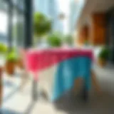 A vibrant plastic spring tablecloth elegantly draped over a modern dining table in an urban setting