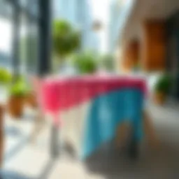 A vibrant plastic spring tablecloth elegantly draped over a modern dining table in an urban setting