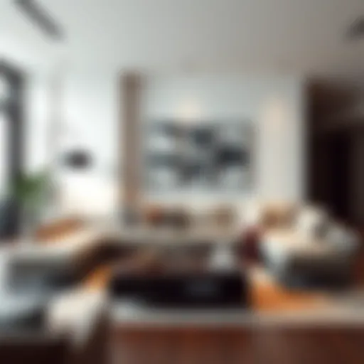 Contemporary urban living room featuring a stylish 62 inch sofa