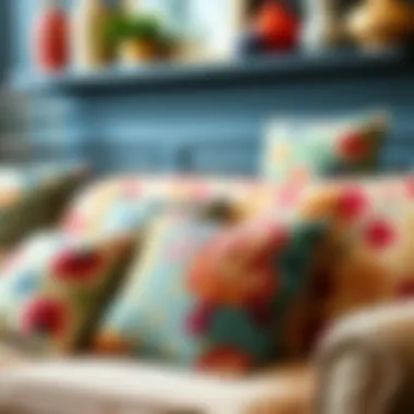 A vibrant collection of patterned throw pillows on a stylish sofa