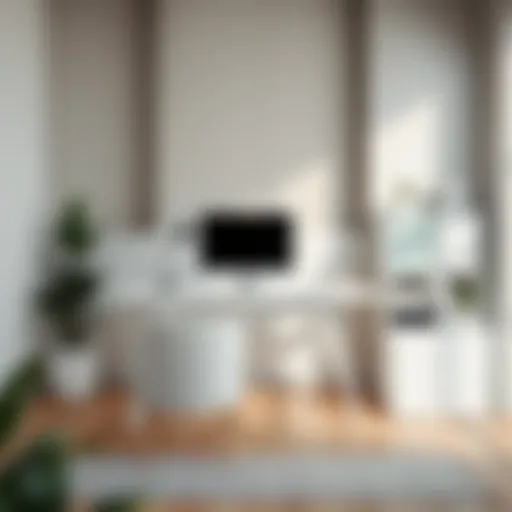 Elegant white computer desk with filing cabinet in a modern office setup