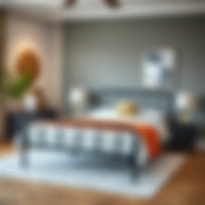 Functional features of a black metal kingsize bed frame in a contemporary setting