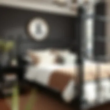 Trendy black metal kingsize bed frame with complementary decor