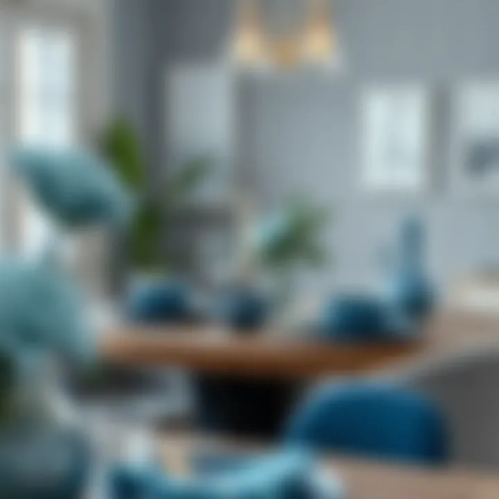 Chic dining area incorporating blue grey tableware