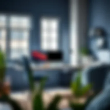 Modern workspace adorned with blue grey decor elements