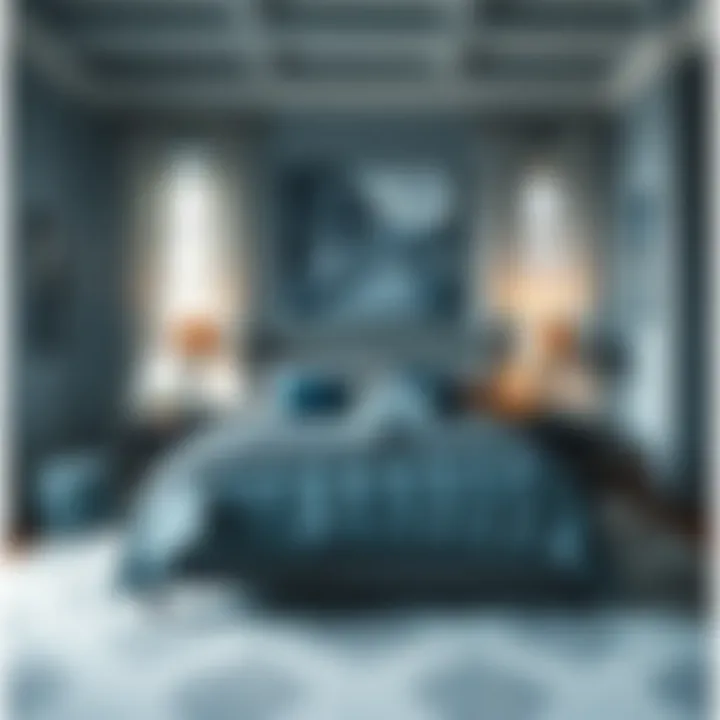 Sophisticated bedroom with blue grey bedding