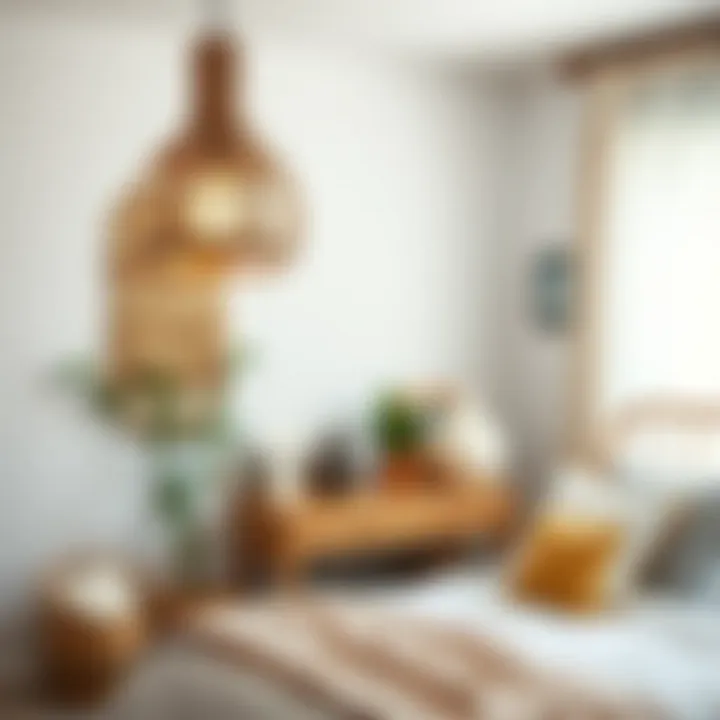 Chic bohemian-style rattan light fixture in a cozy bedroom