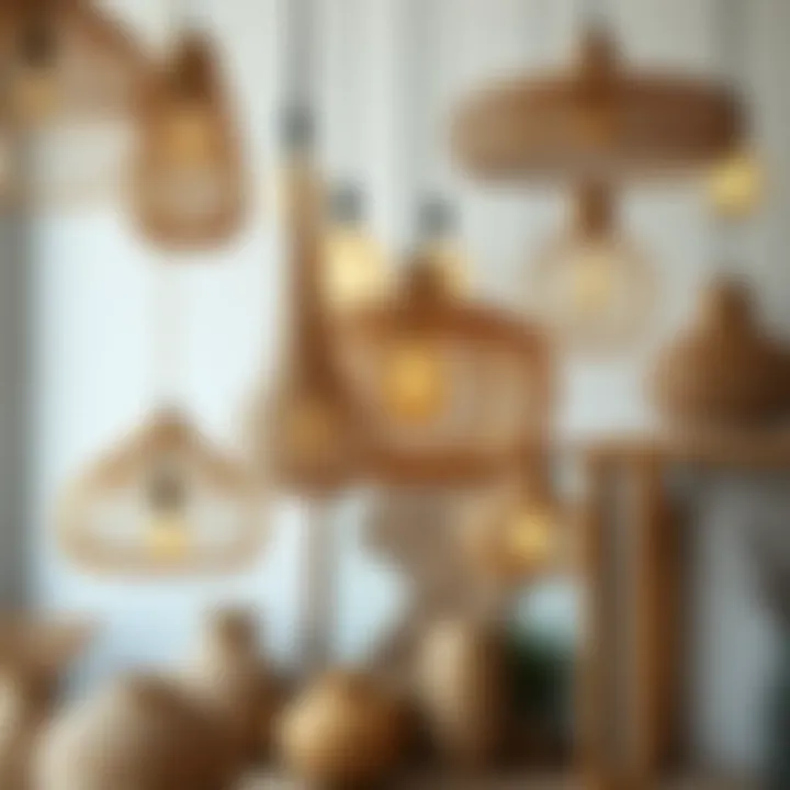 Artistic arrangement of various rattan light fixtures showcasing versatility