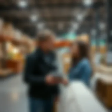 An engaging customer consultation taking place inside the warehouse, emphasizing customer service.