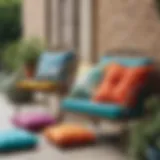 Vibrant assorted outdoor chair cushions arranged gracefully on a patio.