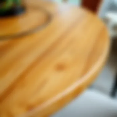 Close-up of the natural grain texture on an oval pine dining table