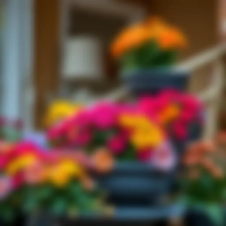 An assortment of colorful flowers thriving in a five-tier stackable planter