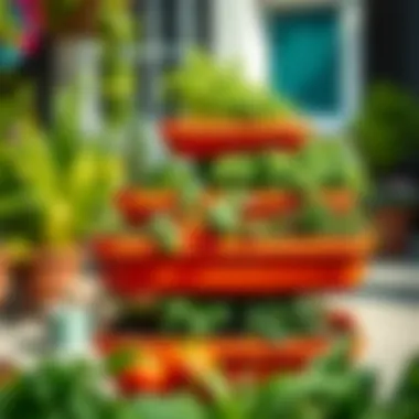 A vibrant five-tier stackable planter filled with various herbs and vegetables