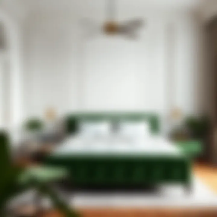 Stylish urban bedroom featuring green velvet bed