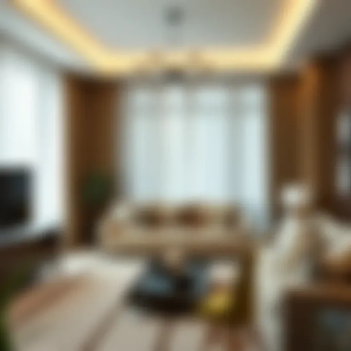 Living space with strategic placement of khaki sheer curtains