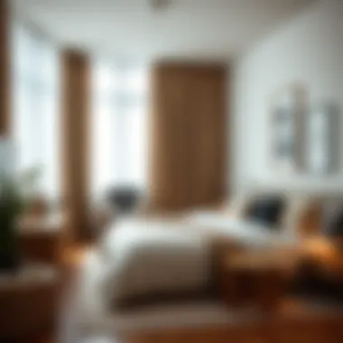 Stylish urban bedroom featuring khaki sheer curtains