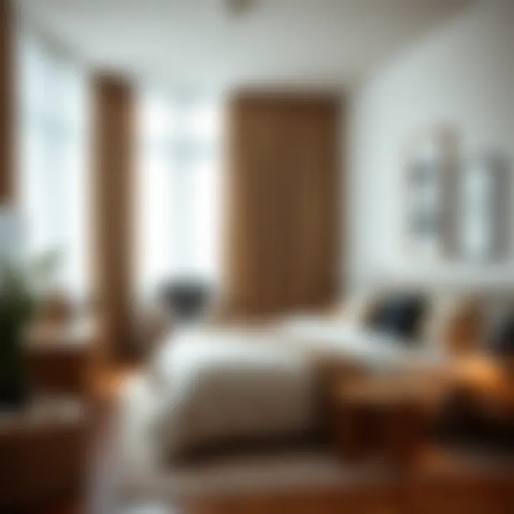 Stylish urban bedroom featuring khaki sheer curtains