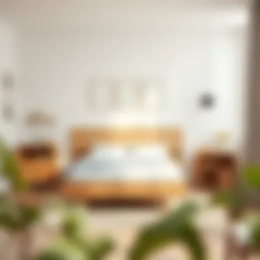 Minimalist bedroom featuring a light wood bed with open shelving