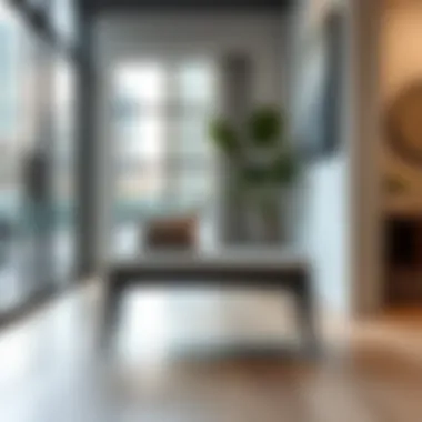 Elegant Narrow Entryway Bench Elegant narrow entryway bench in a modern urban setting