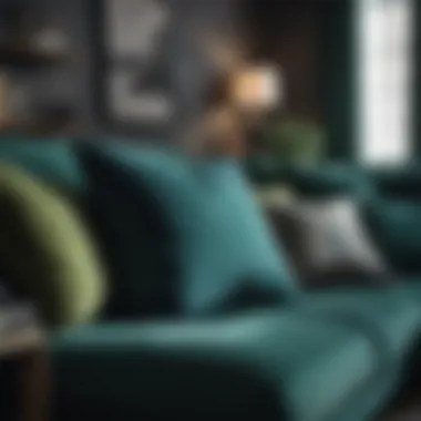Navy Green Pillow on Contemporary Sofa Stylish navy green pillow on a modern sofa