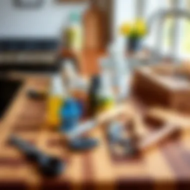 Maintenance tools and products laid out for butcher block care