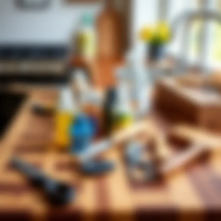 Maintenance tools and products laid out for butcher block care