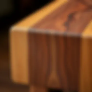 Close-up view of a rich walnut butcher block showcasing its grain patterns