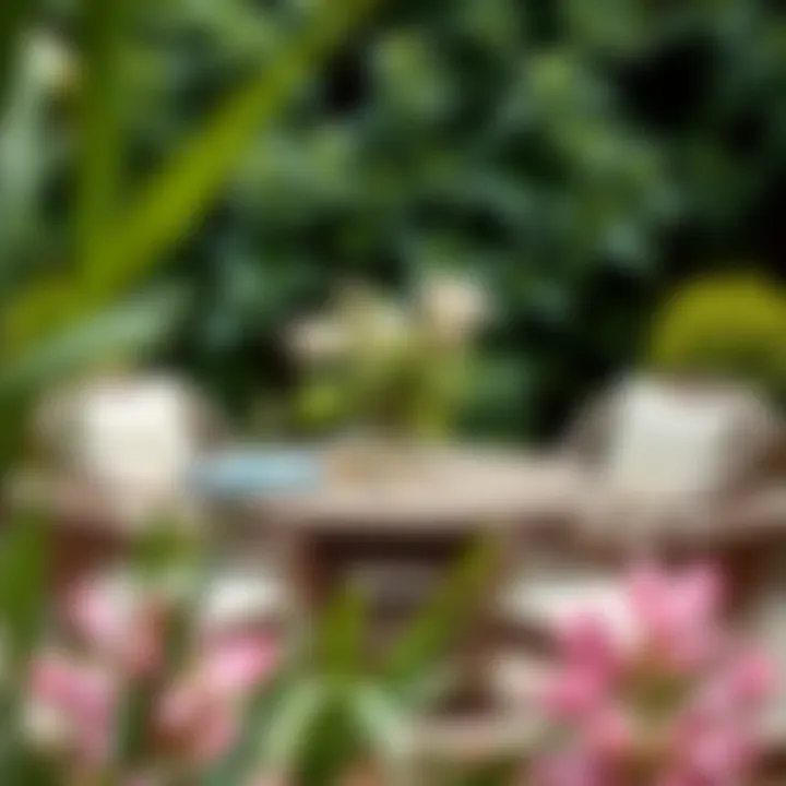 Chic rattan table without cushions surrounded by greenery