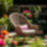 Stylish rattan garden chair without cushions in a sunlit garden