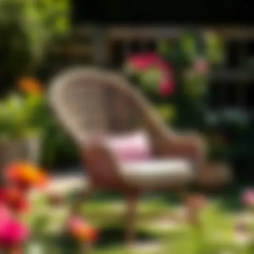 Stylish rattan garden chair without cushions in a sunlit garden