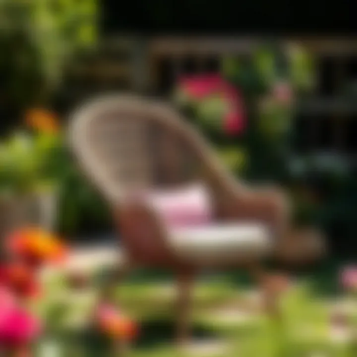 Stylish rattan garden chair without cushions in a sunlit garden